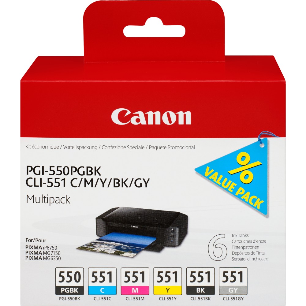 Canon Multipack de 6 cartouches d'encre PGI-550 CLI-551 PGBK C M Y BK GY